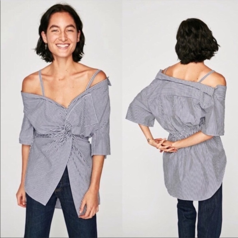 Zara Striped Asymmetrical Knotted Top Sz XS